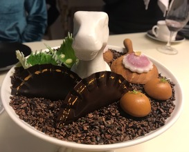 Raspberry Mochi, Key Lime Pie Bon Bon, Coriander Abanico, White Chocolate Shiso Leaf