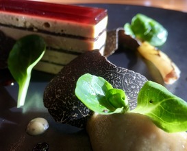 Duck foie gras from Landes, black truffle, ‘opera’ style,lamb’s lettuce and seasoned toast 