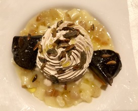 Fire cooked squash, grated black truffle, Chocolate Bergamo panettone, mousse & “Casarecce” pasta