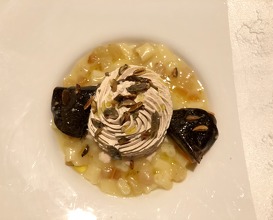 Fire cooked squash, grated black truffle, Chocolate Bergamo panettone, mousse & “Casarecce” pasta