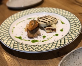 Grilled cheese served with lyutenitza sorbet with dried savory and togarashi