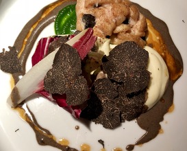 Veal sweetbread studded with truffles, veal jus, pennywort purée, potato espuma and more truffles 