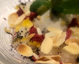 Chestnut frost. Chestnut ice cream “sauced” with açai granita and fruits 