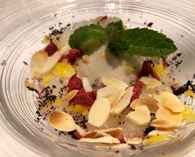 Chestnut frost. Chestnut ice cream “sauced” with açai granita and fruits 