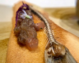 “Sando/ina”, garum style sardine tartar on toast with “escalibada”