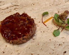 Duck rillettes with spicy blinis and crunchy nervures and tongue salad