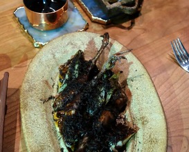 barbecue of quail, pear, endive, sauce périgueux a'la royale