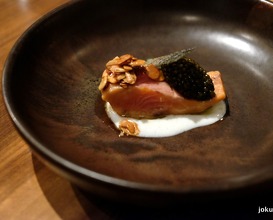 Smoked trout Petrossian caviar Almond milk Roasted almond Trout skin chips