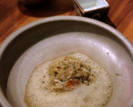 Partan bree (crab broth). Spider crab, velvet crab, edible crab.  Japanese brown rice risotto