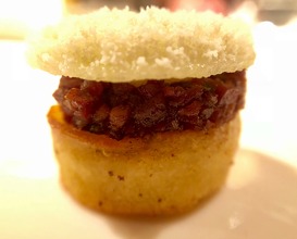 Yeast pancake with frozen horseradish and smoked pork belly cooked in vinegar