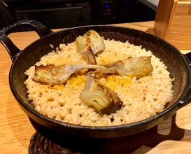 “Widowed” rice with artichoke and shaved bone marrow 