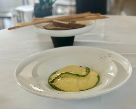 Asparagus purée, 62 degree egg yolk and fondue mousse