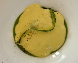 Asparagus purée, 62 degree egg yolk and fondue mousse