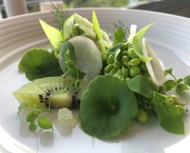 “Green” Peas from our garden, kiwi, wall pennywort 