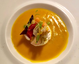 Carrot soup, ricotta cheese “in salvietta” sweet and sour vegetables and roots 