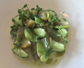 Salted mackerel with green strawberries, faba beans and dill