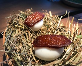 quails egg and hip berry chorizo