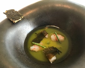 2018 Seafood and seaweed tremble, plankton, and prawn consommé