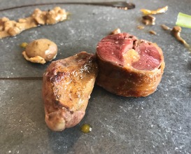 2018 Tender young pigeon, stuffed with olives and foie gras, charcoal roasted with