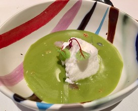 Green Tomato Soup emulsified with fresh herbs and Pato prawn