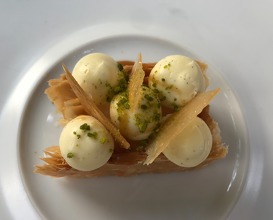 Millefeuille Baumaniere's tradition, version 2017, light cream with Madagascar vanilla, pistachio florentine and vanilla ice cream