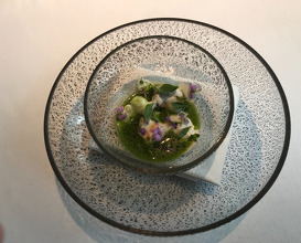 Grilled Langoustine, Smoked Cream Cheese, Beach Herbs & Juice from Dried Oyster
