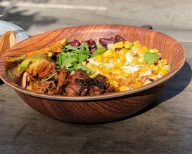 Pulled pork bowl with corn, eggs and figs