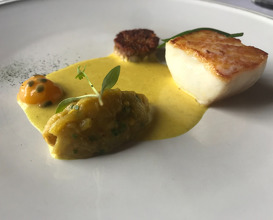 Lighty Salted Fillet of Cod, Brawn, Aubergine, Passionfruit and Curry Spices