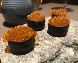 Wild trout roe served in a crust of dried pig's blood
