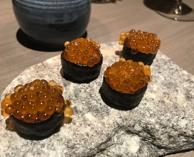 Wild trout roe served in a crust of dried pig's blood
