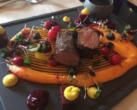 Mouflon spine with blueberry, sweet potato and roasted beetroot.