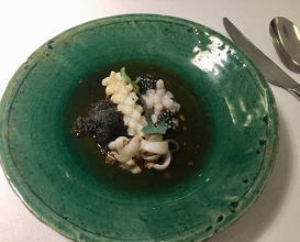 Squid with ink, onion and ginger soup