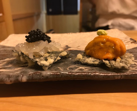 Tempura seaweed with uni // shiva-ebi with caviar