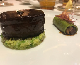 HOKKAIDO VENISON ROASTED WITH JUNIPER BERRY CANNELLONI STUFFED WITH BRAISED SHOULDER GREEN CABBEGE WITH TRUFFLE, "CALISSON" CELE RI/CAROTTE/CORIANDER FLAVOURED WITH ARGAN AND  BLACK PEPPER RED WINE SAUCE