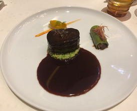 HOKKAIDO VENISON ROASTED WITH JUNIPER BERRY CANNELLONI STUFFED WITH BRAISED SHOULDER GREEN CABBEGE WITH TRUFFLE, "CALISSON" CELE RI/CAROTTE/CORIANDER FLAVOURED WITH ARGAN AND  BLACK PEPPER RED WINE SAUCE