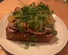 duck liver toast, jalapeno, pickled pineapple