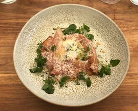 Slow cooked Hen's egg, shaved black forest ham, creamed young leek and toasted hazelnut
