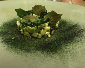 Charred avocado tartare with “escamoles” and mexican herb chips