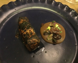 Trout “barbacoa” in a grasshopper “adobo” with nixtamalized “ayocote” and “vaquita” beans