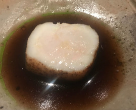 monkfish, fermented mushroom broth, pea miso, hazelnut oil, jerusalem artichoke