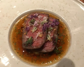 wagyu (gunma A5), sweet corn pudding, red curry condiment & flowering herbs