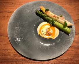 French and japanese asparagus,  Parmesan cream with egg yolk