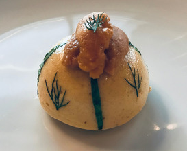 Le Soufflé Aux Oursins sea urchin souflé lightly flavoured with terragon & dill presented with sauce coraline