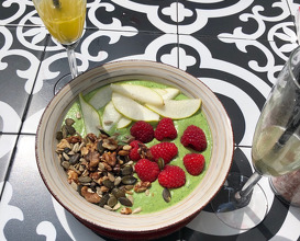 Healthy breakfast at Boho - smoothie and Prosecco cocktails 
