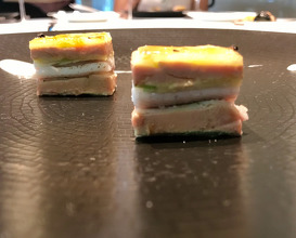 1995 Mille-feuille of smoked eel, foie-gras, spring onions and green apple