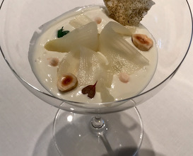 2018 Cod jelly with asparagus pickled and its cream with 'Ars Italica' caviar