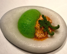 2019 Oyster with green olive juice, wasabi emulsion and crunchy sea lettuce