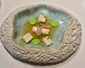 2019 Sea sedge smoothie, on tarama of scampi and chicory, anchovy and sardine canapé