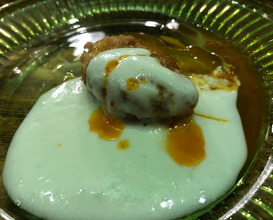 Artistic version of a typical Bulgarian dish - Panagyurski eggs, by using homemade cheese and yolk