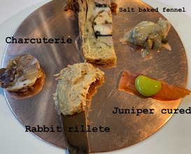 Terrine with eel, salt baked fennel, charcuterie, rabbit rillete, juniper cured trout 